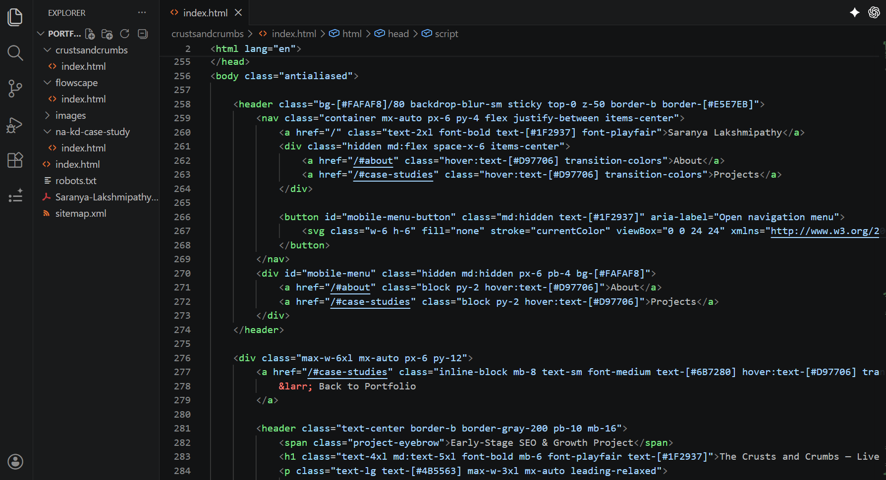 VS Code workspace showing the custom-built project structure for The Crusts and Crumbs